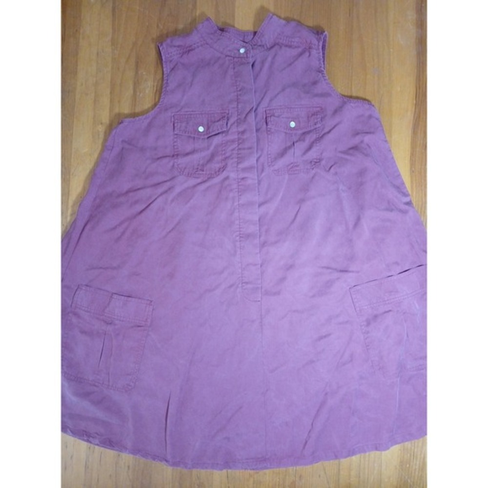 Sleeveless Lyocell A-Line Dress 14 Burgundy Button Front Pockets Swing Boho Chic